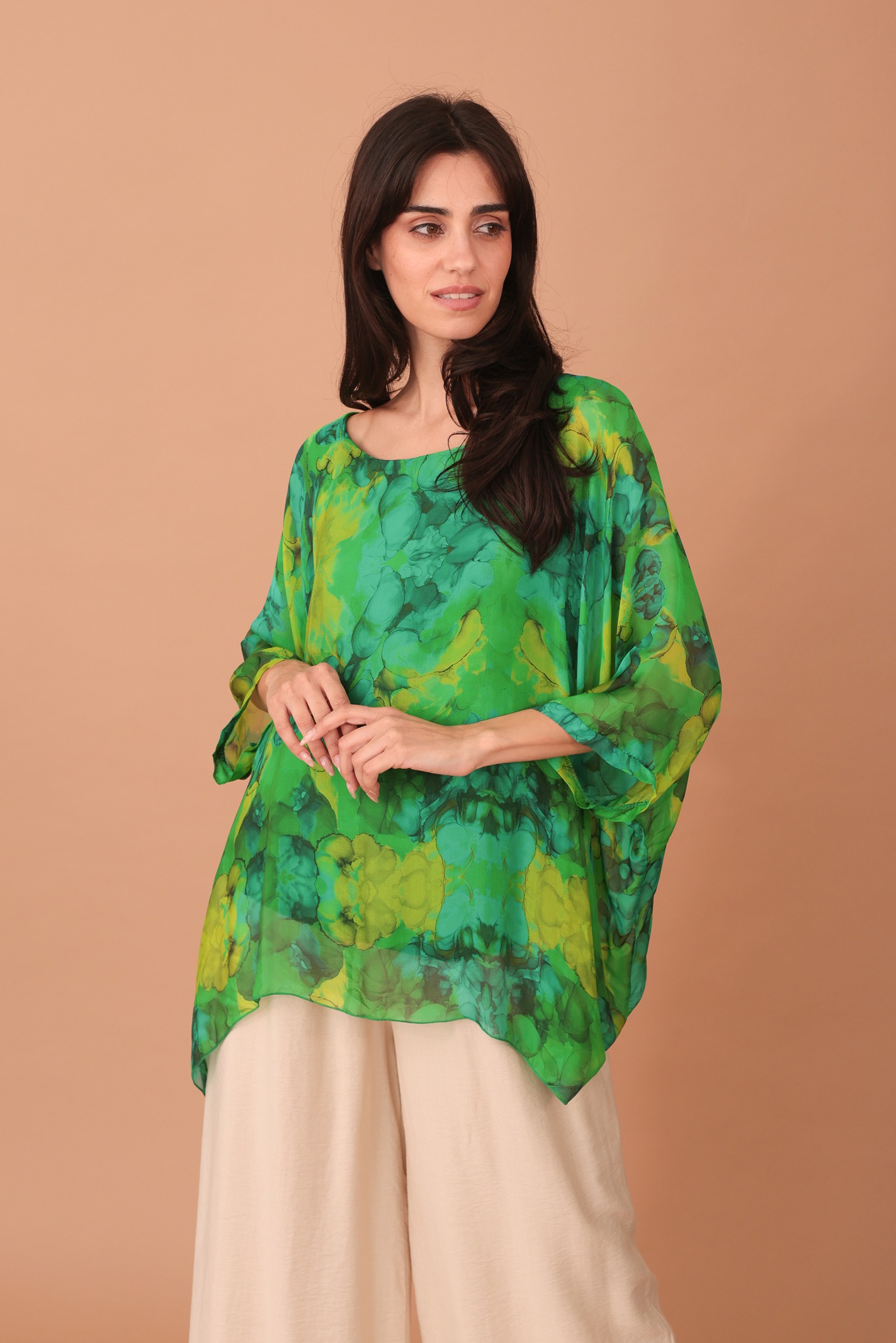 SILK WINGED BLOUSE PRINT - GREEN - Image 4