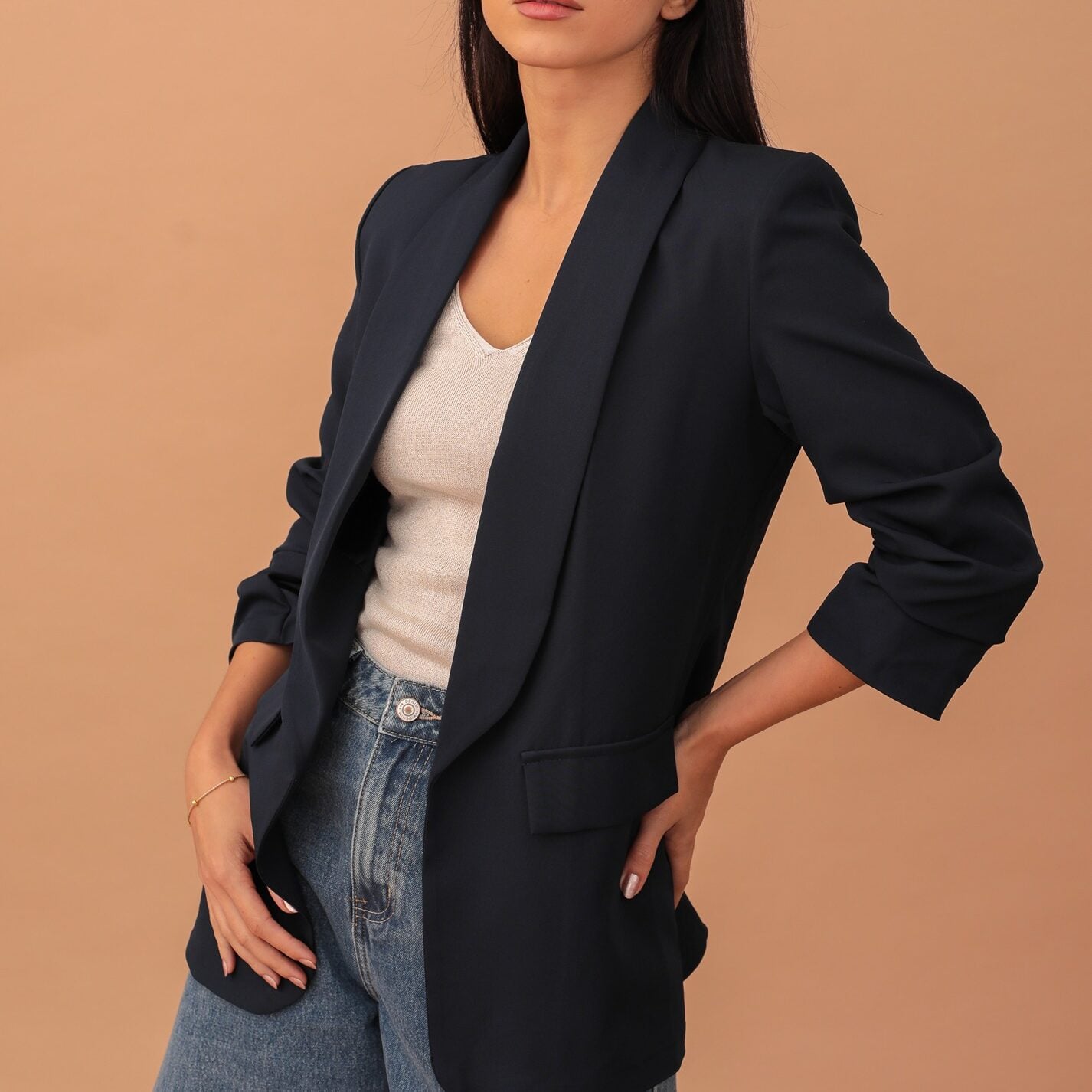 BETTY RUFFLE SLEEVED BLAZER - DARK BLUE