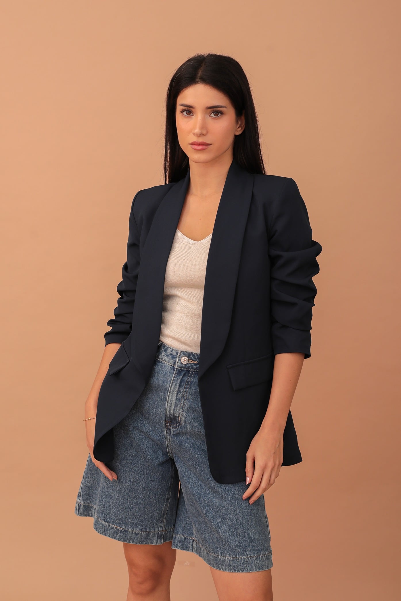 BETTY RUFFLE SLEEVED BLAZER - DARK BLUE - Image 3