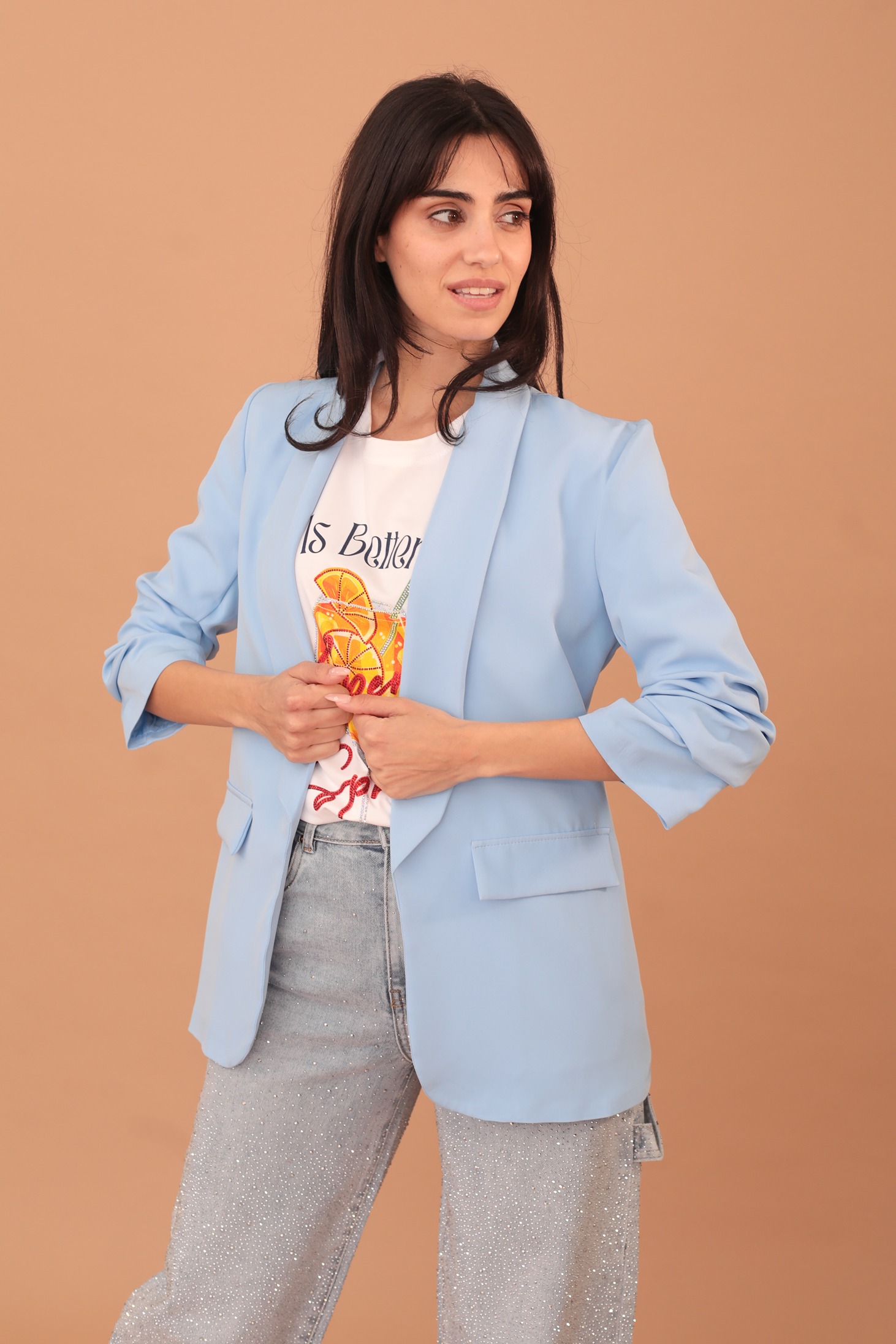BETTY RUFFLE SLEEVED BLAZER - SKY BLUE - Image 4