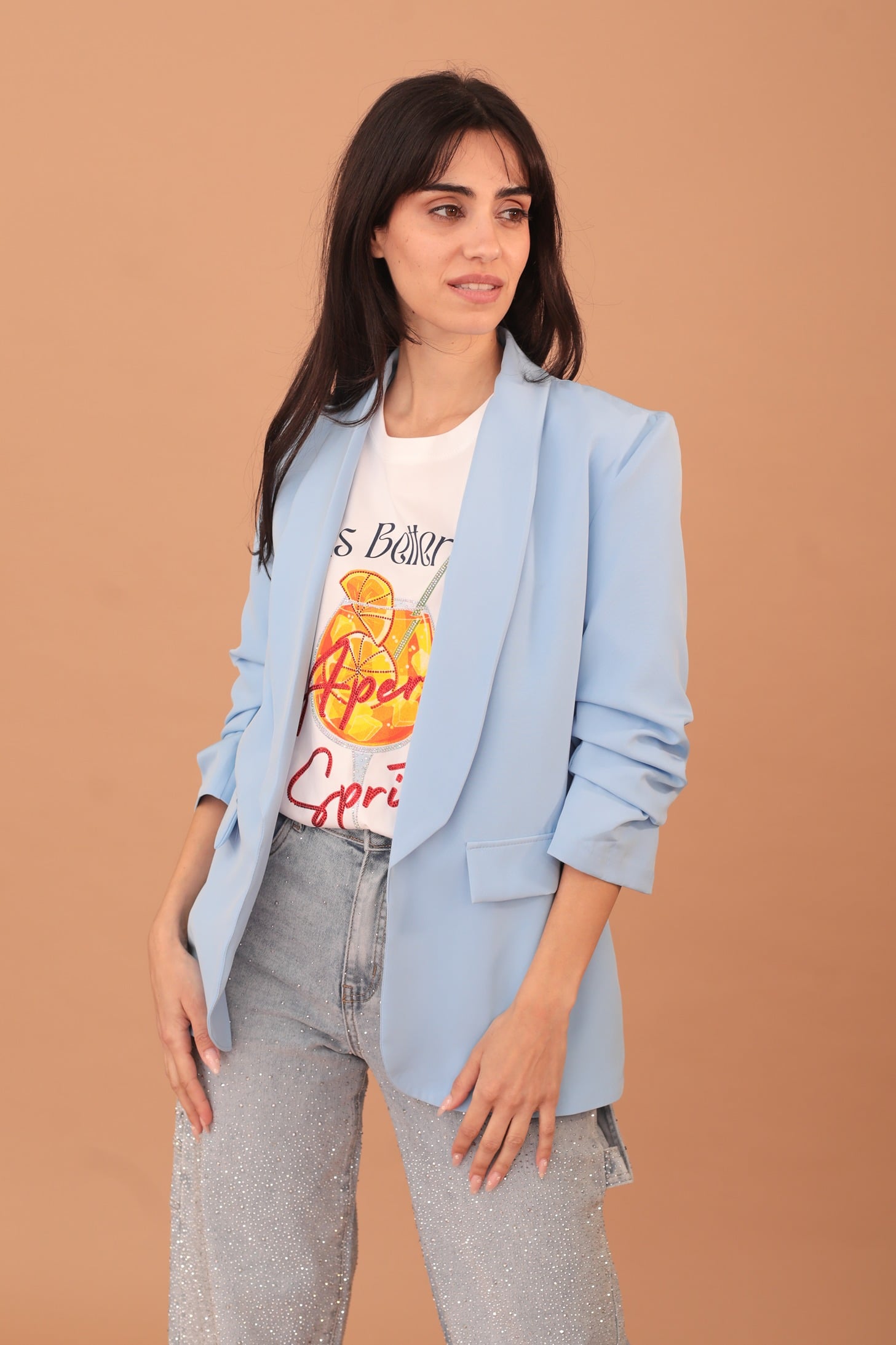 BETTY RUFFLE SLEEVED BLAZER - SKY BLUE - Image 2