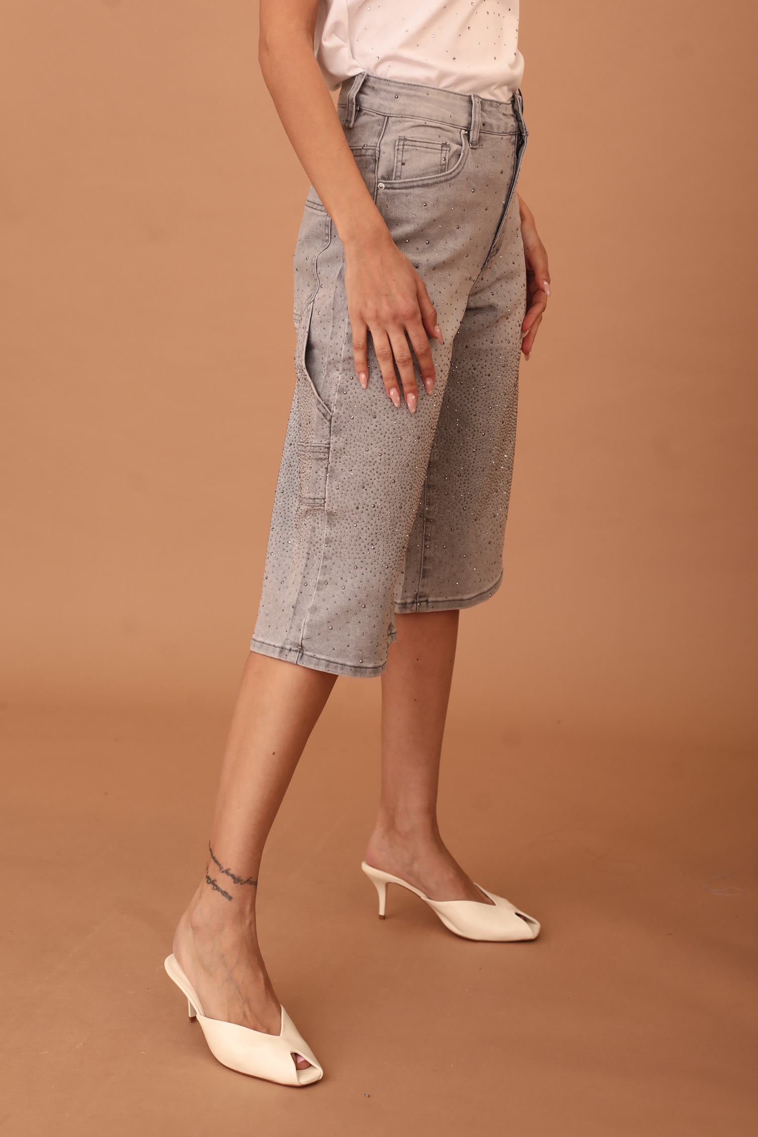 LUCILLE CRYSTAL EMBELLISHED DENIM SHORTS - Image 3