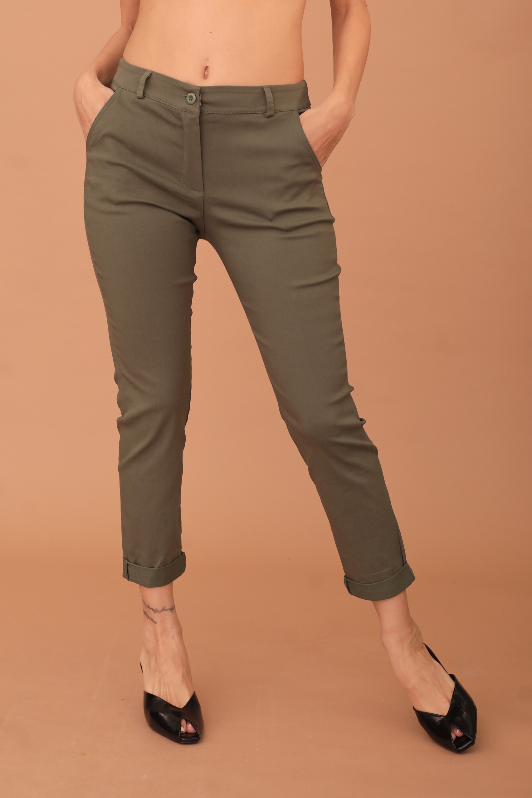 VIVIAN COTTON ELASTIC TROUSERS - KHAKI - Image 4