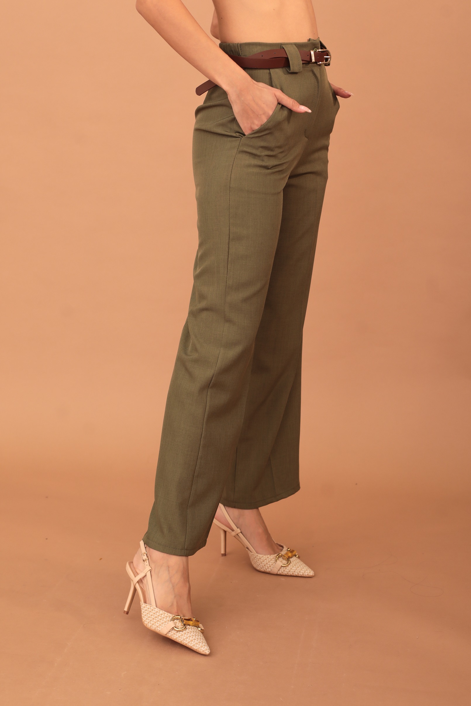 RAVENNA PLEATED TROUSERS WITH BELT - KHAKI - Image 3