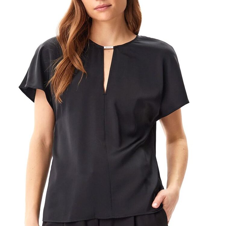 CALVIN KLEIN SLEEVED SATIN FEEL TOP - BLACK