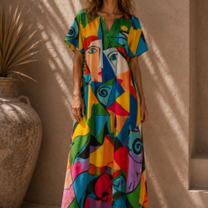 SHORT SLEEVE ART FACES DRESS