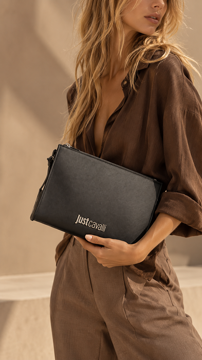 JUST CAVALLI SAFFIANO POUCH - SILVER DETAILING
