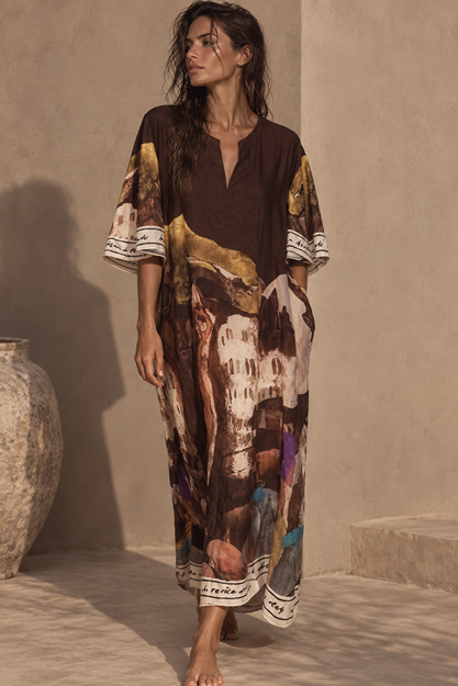 SHORT SLEEVED AMALFI DRESS - BROWN