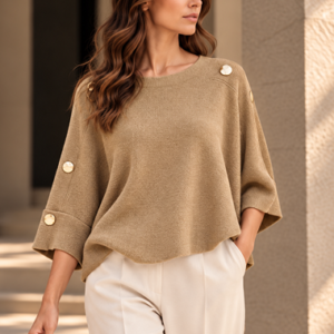 ZOE GOLD BUTTONED 3/4 SLEEVE KNIT TOP - CAMEL