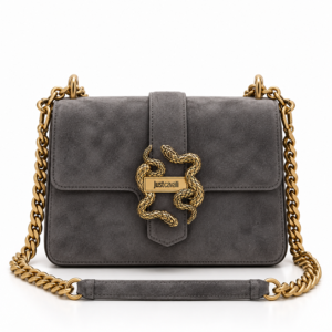 JUST CAVALLI FLAPPED SUEDE SNAKE LOGO BAG - GARGOYLE