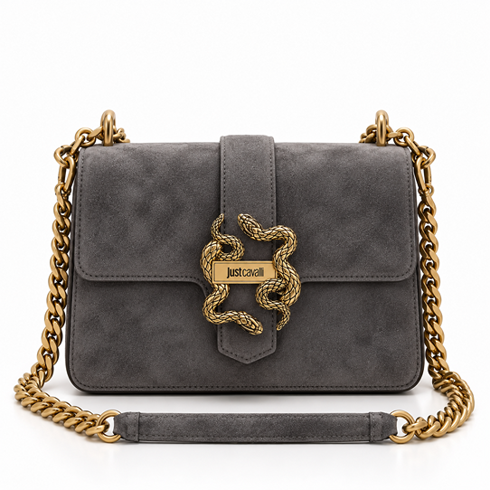 JUST CAVALLI FLAPPED SUEDE SNAKE LOGO BAG - GARGOYLE