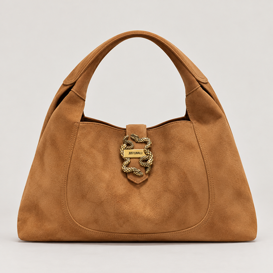 JUST CAVALLI LARGE SUEDE SNAKE BUCKLE BAG - CAMEL