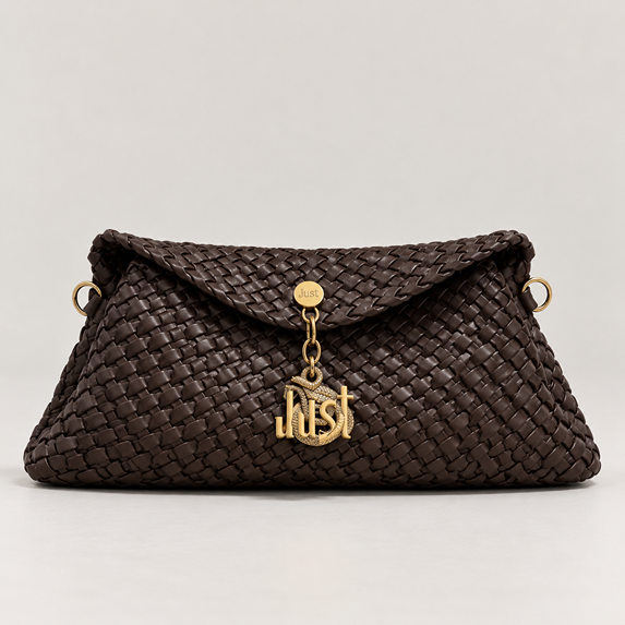 JUST CAVALLI MEDIUM WOVEN SNAKE LOGO FLAP - BROWN