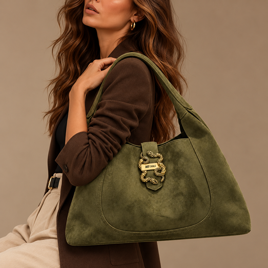 JUST CAVALLI LARGE SUEDE SNAKE BUCKLE BAG - KHAKI - Image 2