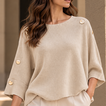 ZOE GOLD BUTTONED 3/4 SLEEVE KNIT TOP - BEIGE