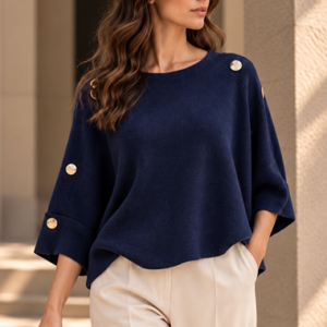 ZOE GOLD BUTTONED 3/4 SLEEVE KNIT TOP - BLUE