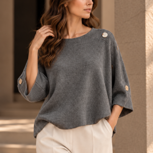 ZOE GOLD BUTTONED 3/4 SLEEVE KNIT TOP - GREY