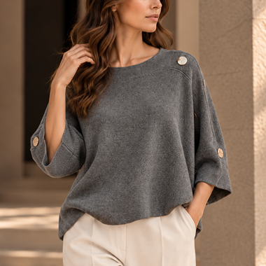ZOE GOLD BUTTONED 3/4 SLEEVE KNIT TOP - GREY