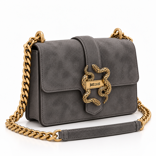 JUST CAVALLI FLAPPED SUEDE SNAKE LOGO BAG - GARGOYLE - Image 2