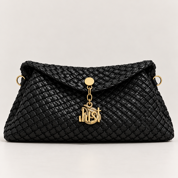 JUST CAVALLI MEDIUM WOVEN SNAKE LOGO FLAP - BLACK