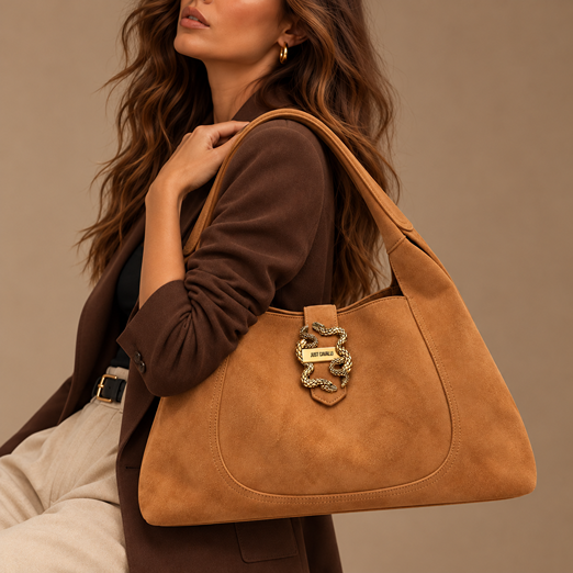 JUST CAVALLI LARGE SUEDE SNAKE BUCKLE BAG - CAMEL - Image 2