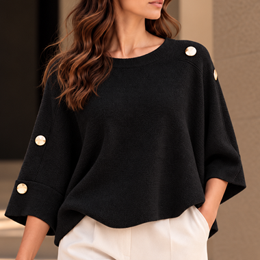ZOE GOLD BUTTONED 3/4 SLEEVE KNIT TOP - BLACK