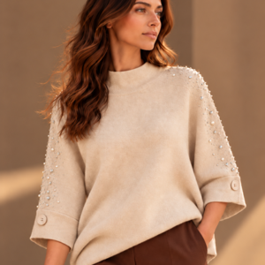 SIENNA CRYSTAL BEAD EMBELLISHED KNIT - BEIGE