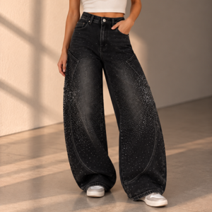 LESTER CRYSTAL EMBELLISHED BALLOON DENIM - BLACK