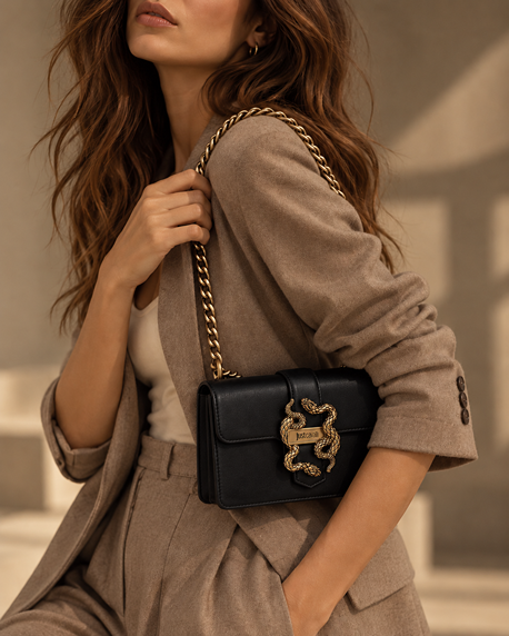 JUST CAVALLI FLAPPED SNAKE LOGO SHOULDER BAG - BLACK - Image 2
