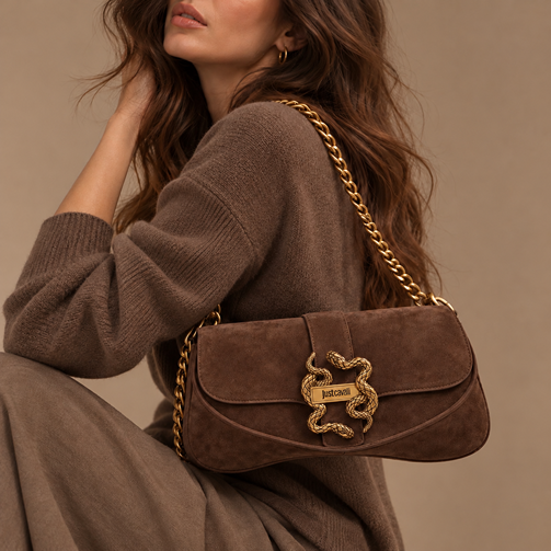 JUST CAVALLI SUEDE ICONIC HANDBAG - DARK BROWN - Image 2