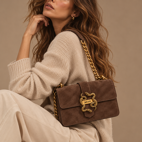 JUST CAVALLI FLAPPED SUEDE SNAKE LOGO BAG - BROWN - Image 2