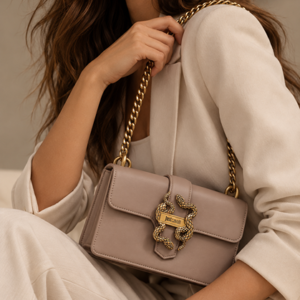 JUST CAVALLI FLAPPED SNAKE LOGO SHOULDER BAG - BEIGE