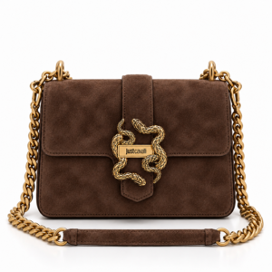 JUST CAVALLI FLAPPED SUEDE SNAKE LOGO BAG - BROWN