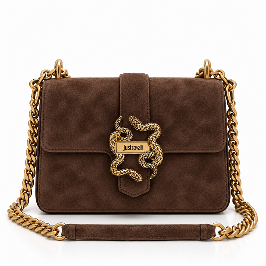 JUST CAVALLI FLAPPED SUEDE SNAKE LOGO BAG - BROWN