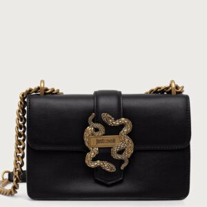 JUST CAVALLI FLAPPED SNAKE LOGO SHOULDER BAG - BLACK