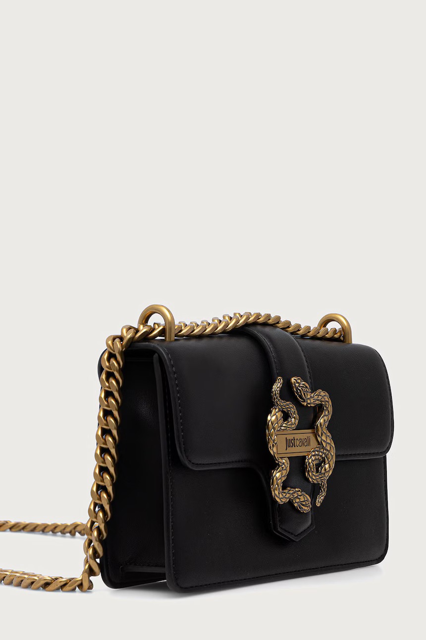 JUST CAVALLI FLAPPED SNAKE LOGO SHOULDER BAG - BLACK - Image 3