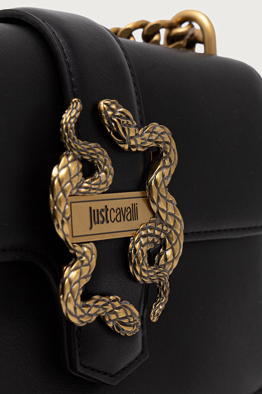 JUST CAVALLI FLAPPED SNAKE LOGO SHOULDER BAG - BLACK - Image 5