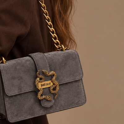 JUST CAVALLI FLAPPED SUEDE SNAKE LOGO BAG - GARGOYLE - Image 3