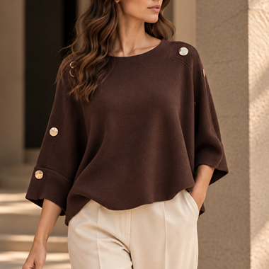 ZOE GOLD BUTTONED 3/4 SLEEVE KNIT TOP - DARK BROWN